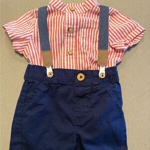 Red Striped Shirt with Blue Suspenders Outfit